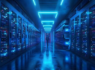 Fototapeta premium Futuristic server room with a man walking away from the camera