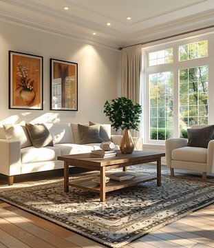 Bright living room with white sofa and green plant