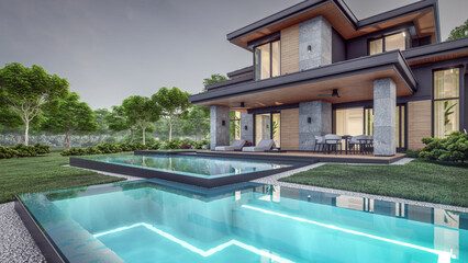 3d rendering of modern two story house with gray and wood accents, large windows, parking space in the right side of the building. Clear summer evening with cozy light from window