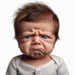 newborn baby with a disgusted expression frown Isolated on white background
