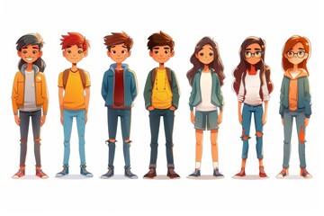 A set of diverse, stylized teenage characters shown from a side perspective, highlighting trendy attire
