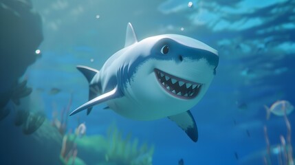 Naklejka premium Fierce Shark Swimming Menacingly in Deep Blue Ocean Waters