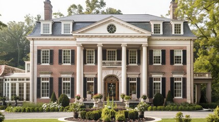 Fototapeta premium A colonial house design featuring symmetrical architecture, brick facades, and elegant columns