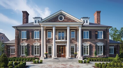 Fototapeta premium A colonial house design featuring symmetrical architecture, brick facades, and elegant columns