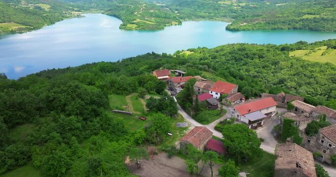 Aerial view of an old village in front og Butoniga Lake, central Istra, Croatia