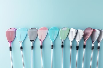 A modern and stylish arrangement of pastel golf clubs on a clean background, ideal for marketing materials with copy space