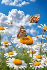 Beautiful field meadow flowers and butterfly