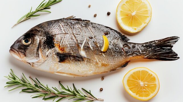 Fish baked with herbs and lemon, on a white background. Fish protein - Powered by Adobe