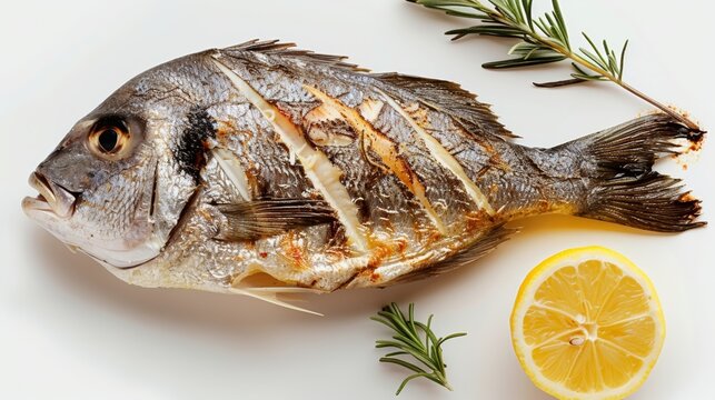 Fish baked with herbs and lemon, on a white background. Fish protein - Powered by Adobe