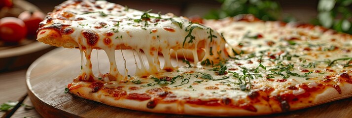 Slice of hot pizza large cheese lunch or dinner crust seafood meat topping sauce. vegetables delicious 