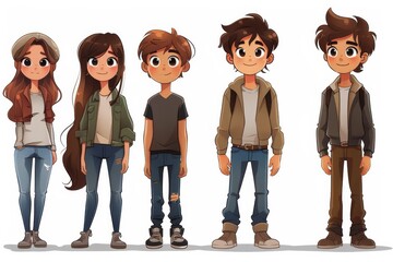 Four kids in animated style with current fashion trends and unique poses