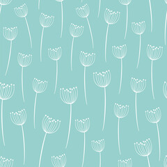 cute hand drawn seamless vector pattern illustration with white dandelion flower plant on blue background