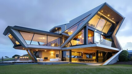 A contemporary sea house with sharp angles, extensive use of glass, and seamless indoor-outdoor integration