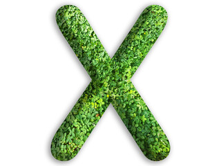 3d of alphabet X, design made from green grass on white background