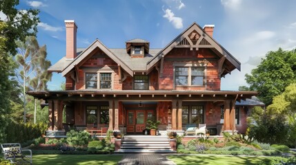 A craftsman-style house model featuring handcrafted woodwork, exposed beams, and natural materials