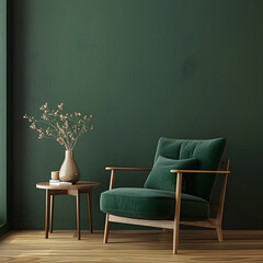 Modern wooden living , Living room interior has an green armchair on empty dark green wall background, room, Light room with sofa and armchair on empty dark green wall background,