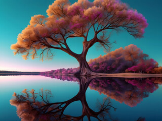 Abstract fractal art of a tree overhanging a lake Beautiful, vibrant colors and reflections are humanistic and bright beautiful color heart design