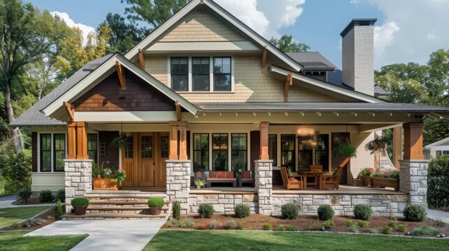 A craftsman house design showcasing handcrafted woodwork, built-in furniture, and an inviting front porch