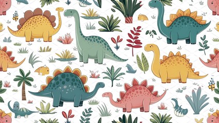seamless pattern with different types of cute dino