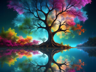 Abstract fractal art of a tree overhanging a lake Beautiful, vibrant colors and reflections are humanistic and bright beautiful color heart design