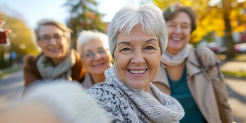 Obraz premium Group selfie, senior pals, park with grin, face, and excitement, hug, caring, and outdoor. Happy elderly man, woman, nature portrait for remembrance, photography, or profile picture.