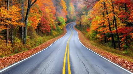 Fototapeta premium Low angle empty highway road on wet autumn day with grey clouds high resolution photo through orange forest and foliage