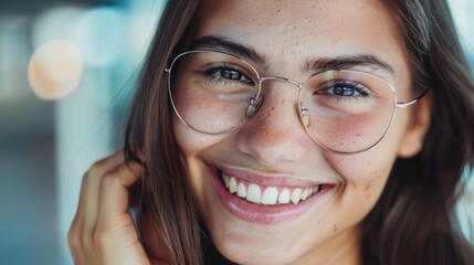 Black woman's face closeup and eye care, vision, designer frame, prescription lens, and optometry glasses. Portrait, stylish eyewear, and eye health for wellness, smile, and choice.
