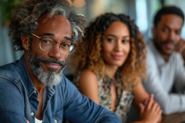 Obraz premium Three people are sitting at a table, one of them wearing glasses
