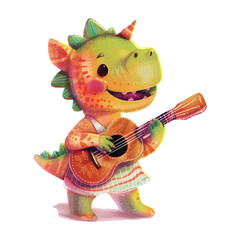 Cute dinosaur playing guitar white background (8)