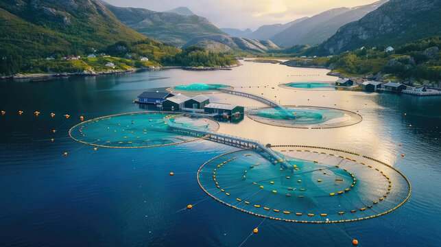 Industrial aquaculture salmon farm, seen from the air