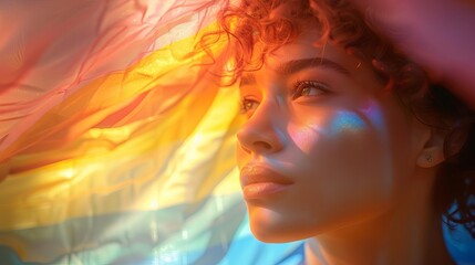 Dreamy portrait of a woman surrounded by vibrant colors and light, with rainbow reflection on her face, creating an ethereal atmosphere. - Powered by Adobe