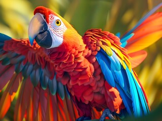 Obraz premium Vibrant Scarlet Macaw Parrot with Colorful Feathers Perching in Tropical Setting