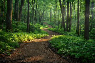 A tranquil forest path surrounded by lush greenery and sunlight