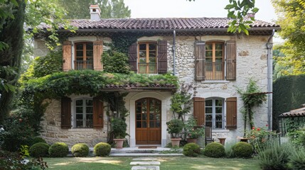 A French country house design with stone facades, charming shutters, and a rustic yet elegant interior