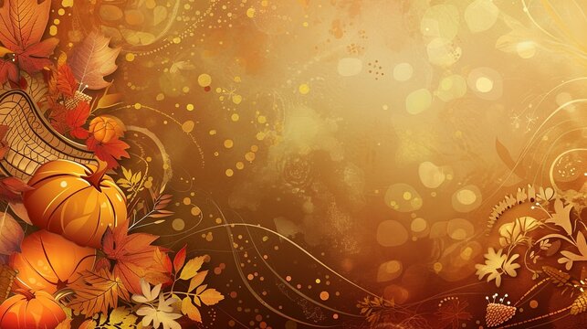 Abstract background with fall leaves, cornucopias, and harvest motifs