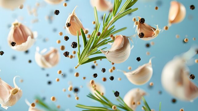 A composition of garlic and rosemary leaves falling through the air on a blue background, with black pepper seeds scattered around. The scene is dynamic and vibrant.