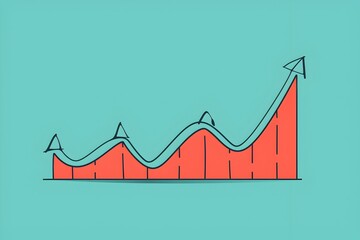 A simple cartoon style line drawing of an upward trending graph with wavy lines on a solid teal background
