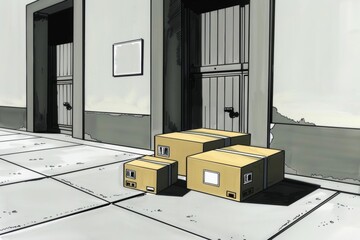 Design a flat minimalstyle 3D illustration of cardboard boxes on a loading dock, set against a simple, soft background, excellent for logistics and supply chain management visuals