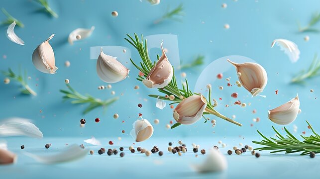 A composition of garlic and rosemary leaves falling through the air on a blue background, with black pepper seeds scattered around. The scene is dynamic and vibrant.