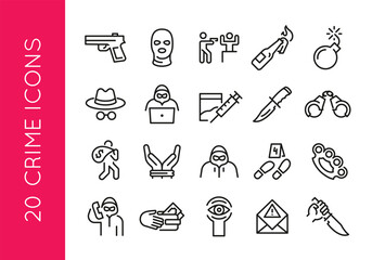 Crime icons. Set of 20 crime trendy minimal icons. Gun, Bomb, Incognito, Scammer, Injection, Knife, Handcuffs, Looting, Design signs for web page, mobile app, packaging design. Vector illustration