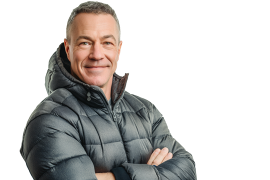 Smiling Middle-Aged Caucasian Man in a Gray Puffer Jacket