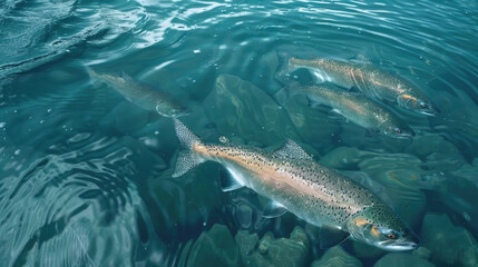 Fototapeta premium salmon in water, salmon swimming in aquaculture salmon farm