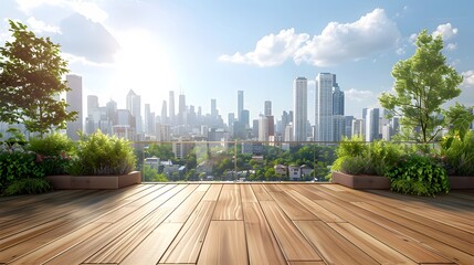 A large wooden terrace with city skyline view. Panoramic panoramic landscape background. The sun...