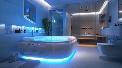 A future home bathroom features smart fixtures that optimize water use and provide a spa-like experience