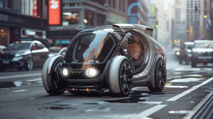 Obraz premium A future urban car is compact, highly maneuverable, and designed for efficient use in crowded city environments, minimizing its footprint