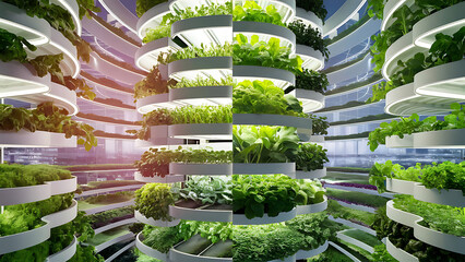 Vertical farm facility, showcasing rows of leafy greens and herbs growing vertically in stacked layers under artificial lighting, sustainable farming practices for urban agriculture food production