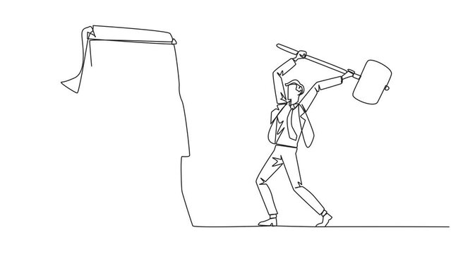 Animation of continuous one line drawing businessman preparing to hit the big flip chart. Rampage. Destroy business reports that are not as desired. Anger exploded. Full length motion