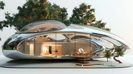 Obraz premium A futuristic house model with an innovative design, including curved walls and a glass dome roof