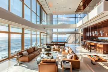 A large, modern living room with high ceilings and floor-to-ceiling windows overlooking the ocean in California. The space is filled with natural light that highlights rich wood ac