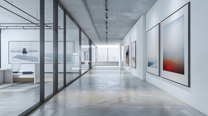 A modern office interior with white walls, concrete floors and glass windows. The space is filled with minimalist art pieces hanging on the wall. 